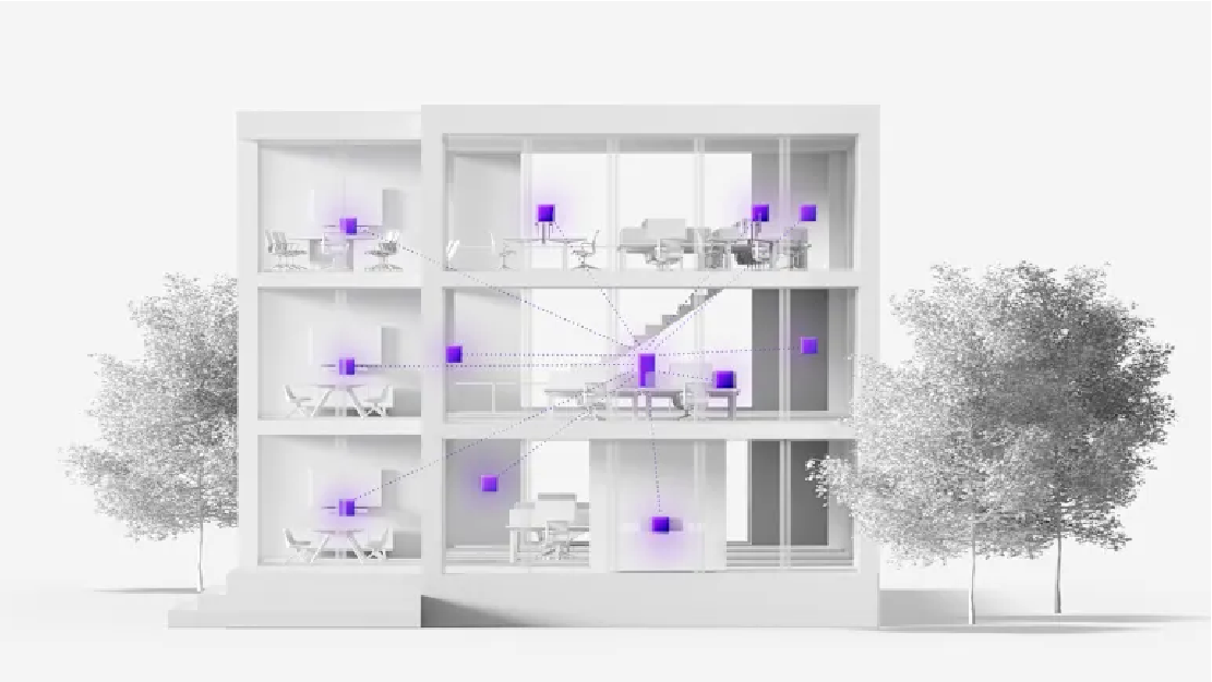 Product Image of an entire building using Logitech Spot throughout. 