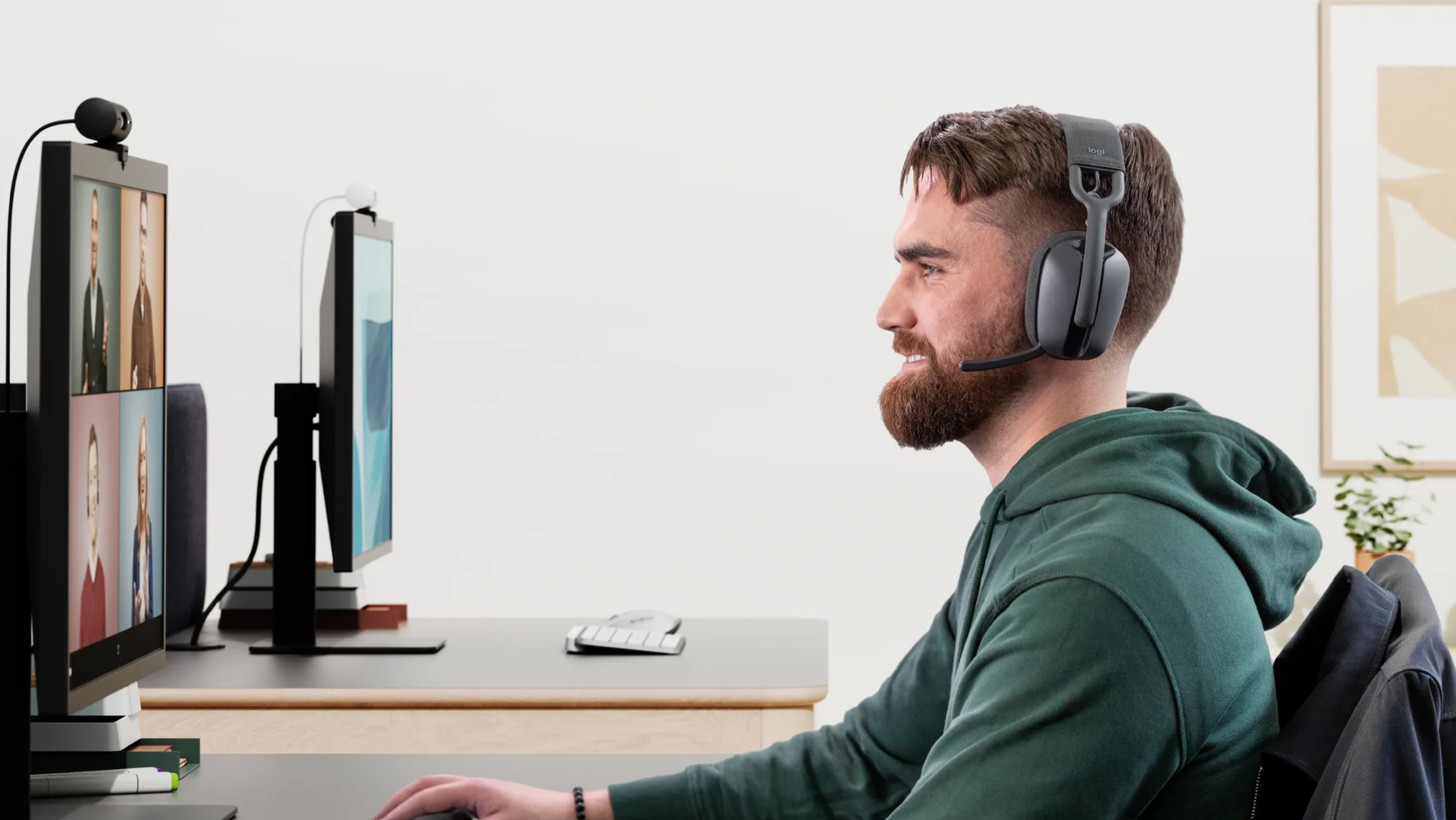 Product Image Placeholder of Logitech Zone Vibe headphones in use. 