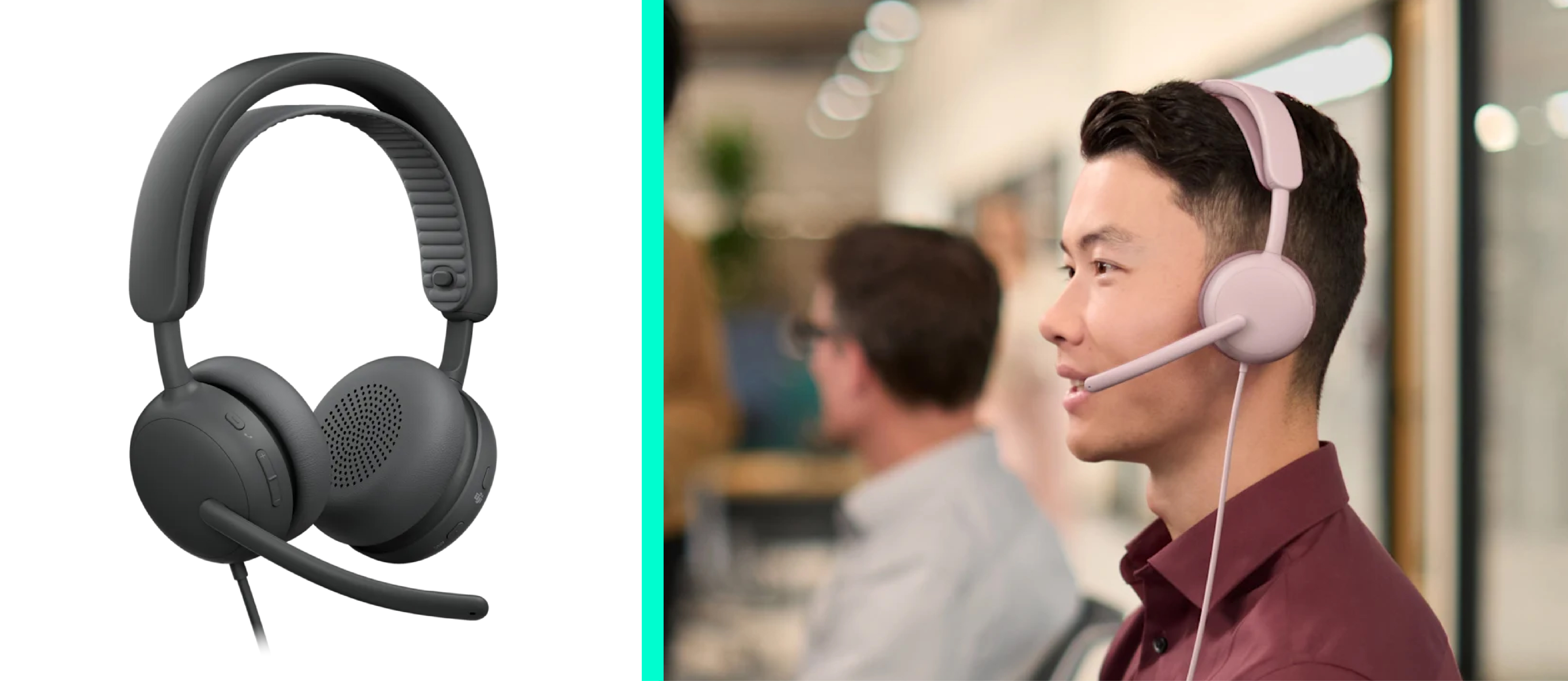 Header Image of Logitech Zone Wired 2 headphones and someone using them at work.