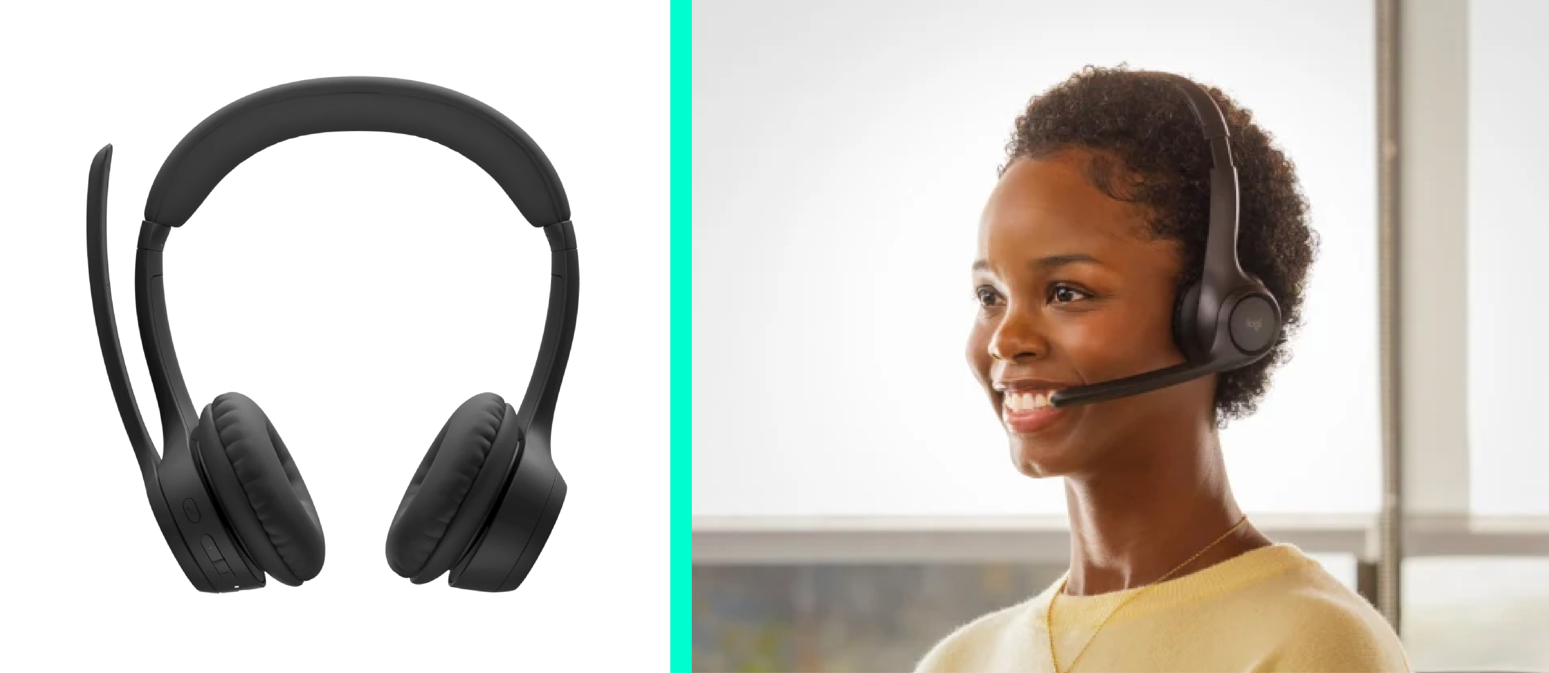 Header Image of Logitech Zone Wireless 305 headpones and a person wearing them at work